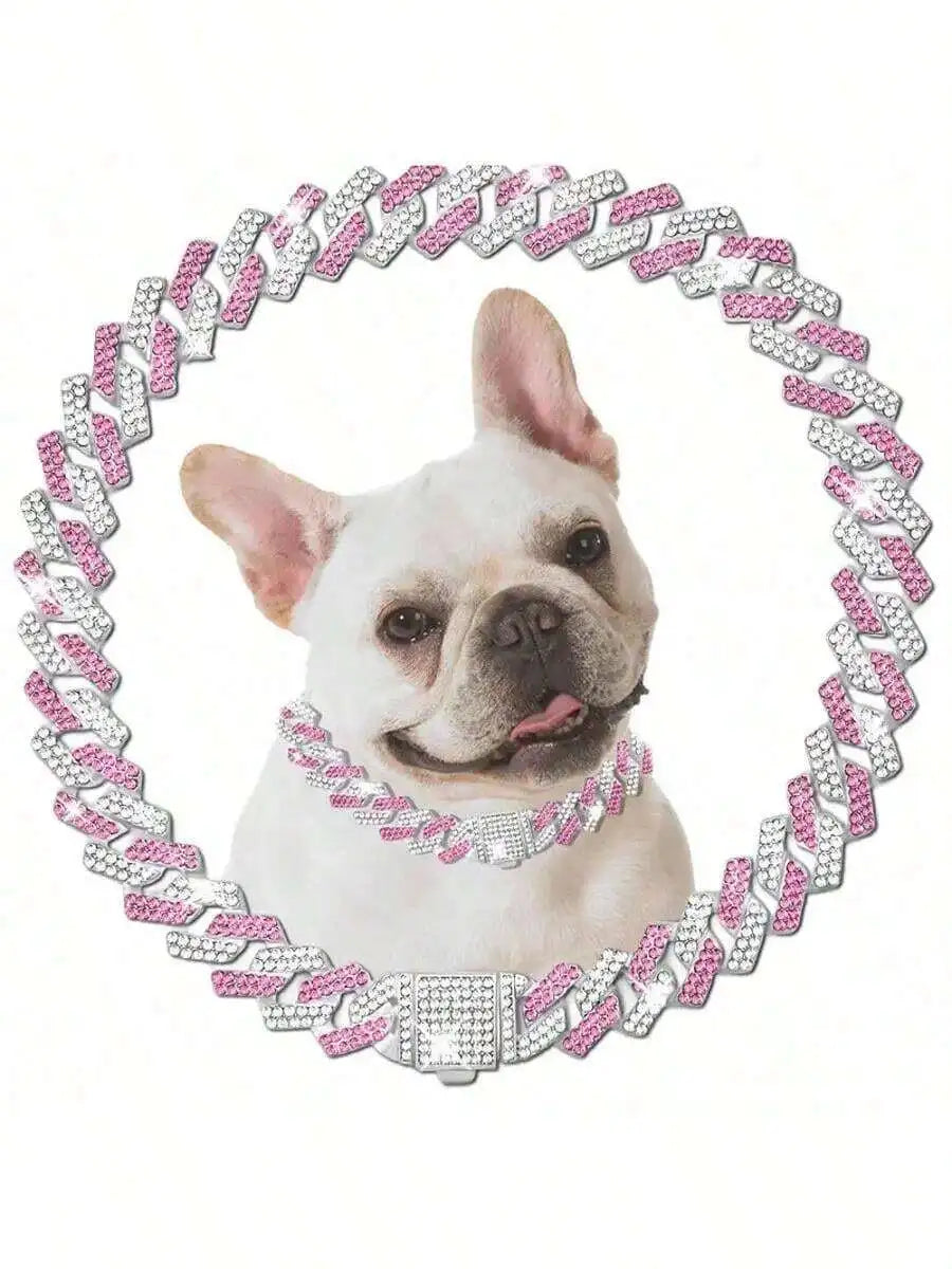 Rose Gold Cuban Chain Dog Collar with Rhinestone Accents