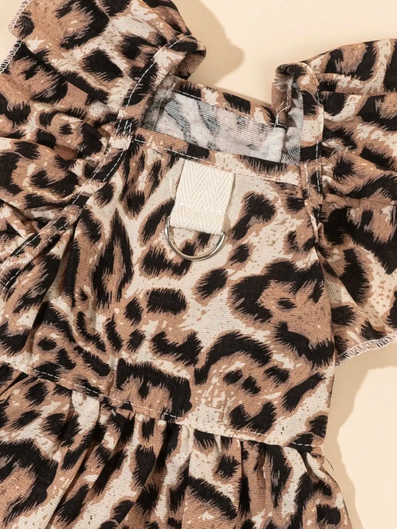 Leopard Print Puff Sleeve Dog Dress with Bow Tie and Harness Ring