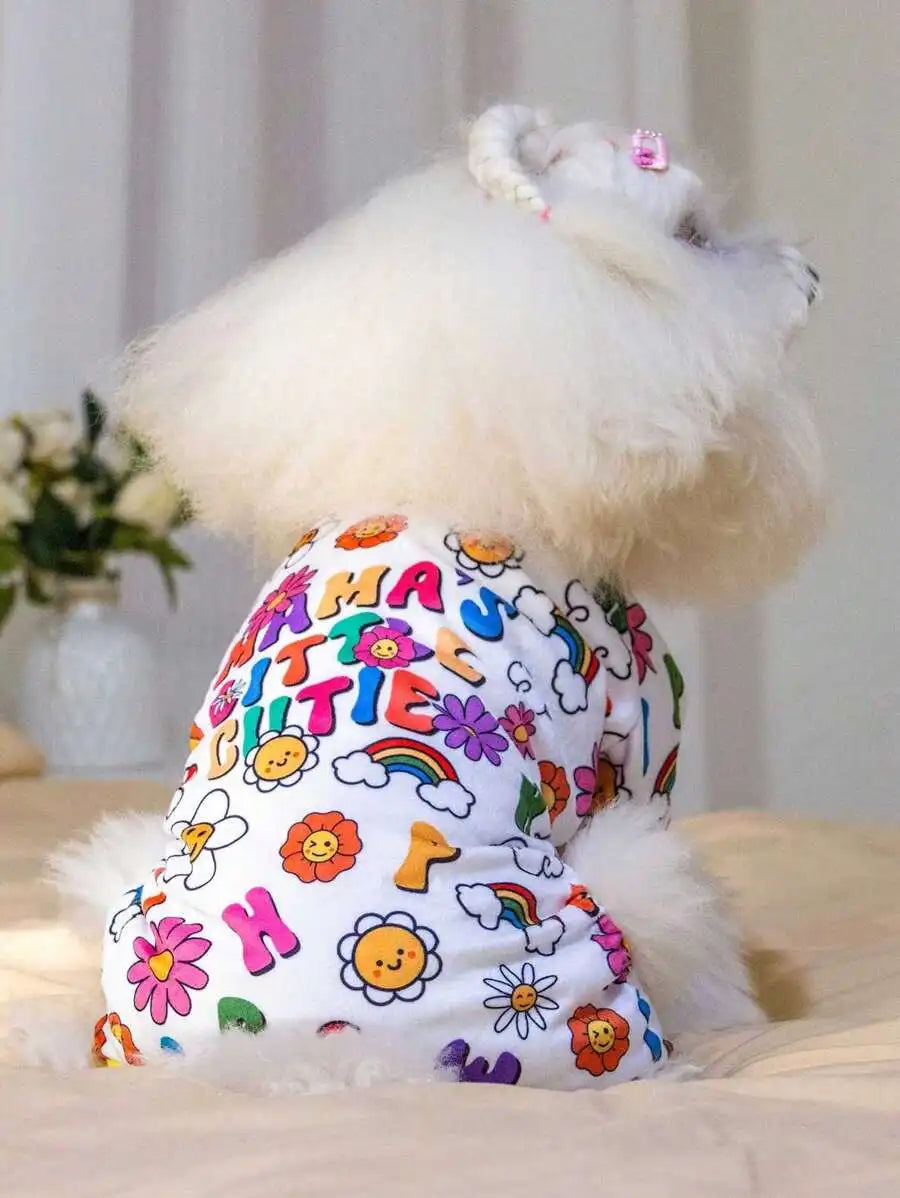 Colorful Floral Print Pet Pajamas with Rainbow & Smiley Flowers,