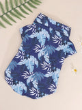 Navy Blue Tropical Leaf Print Pet Shirt, for Dogs & Cats