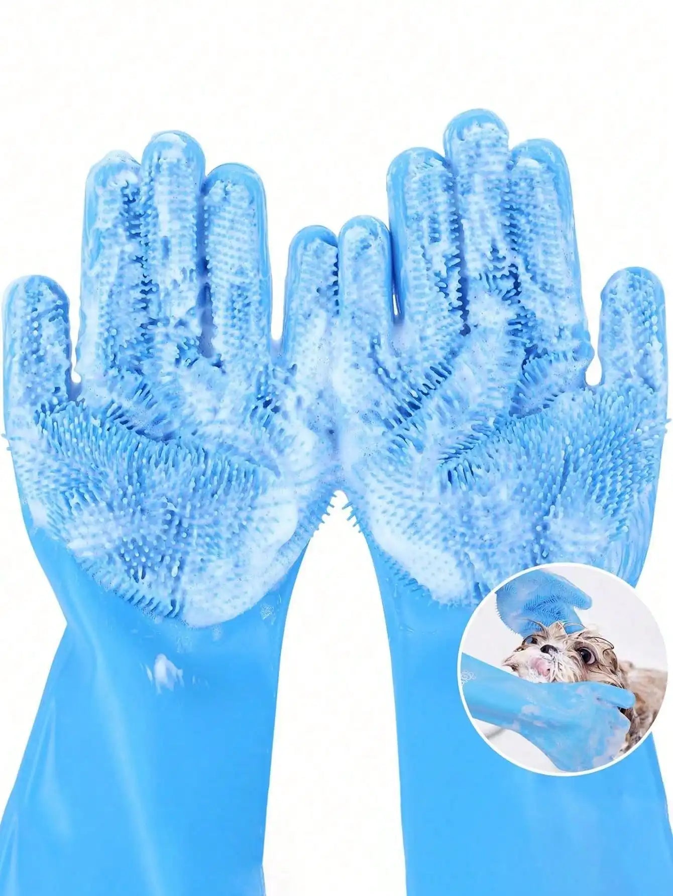 1 Pair Blue Silicone Pet Grooming Gloves