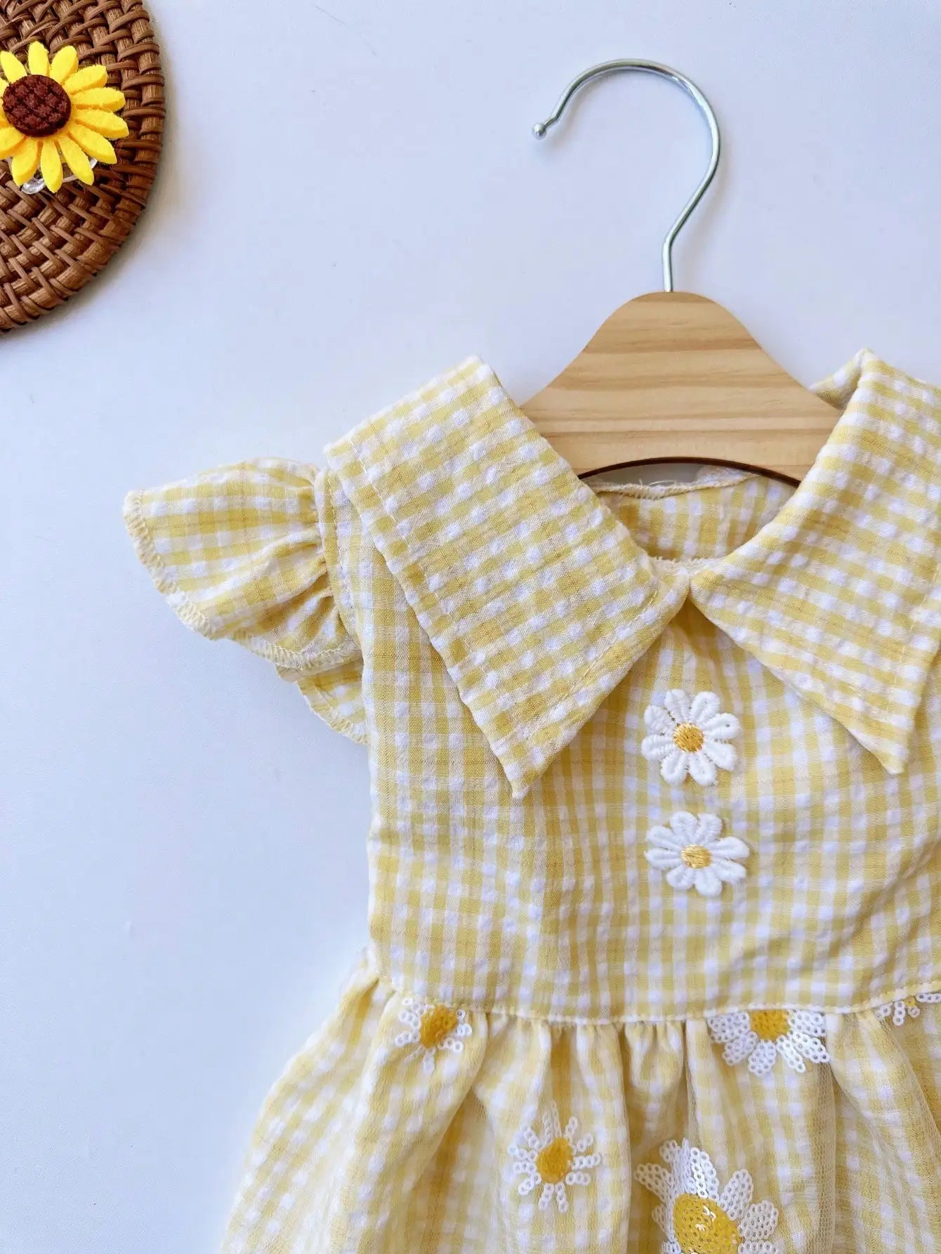 Yellow Gingham Dog Dress with Daisy Embroidery and Ruffled Sleeves