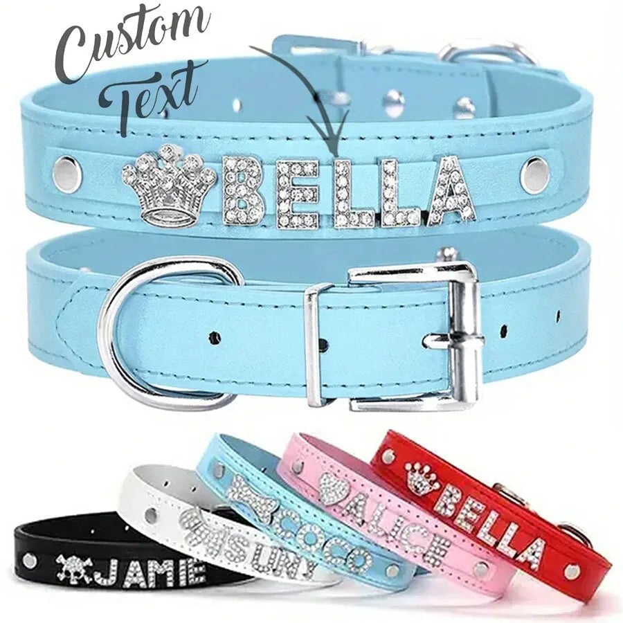 Leather Pet Collar with Rhinestone Name & Crown Charm,