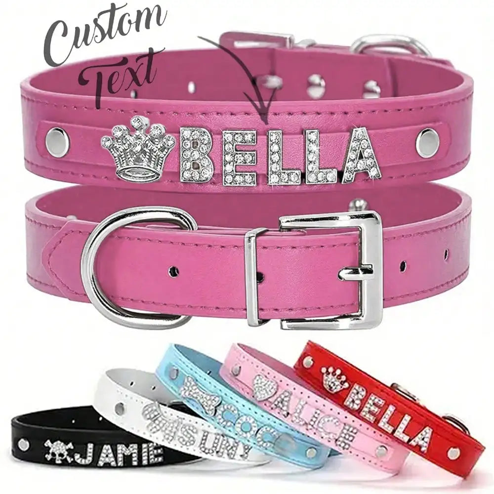 Leather Pet Collar with Rhinestone Name & Crown Charm,