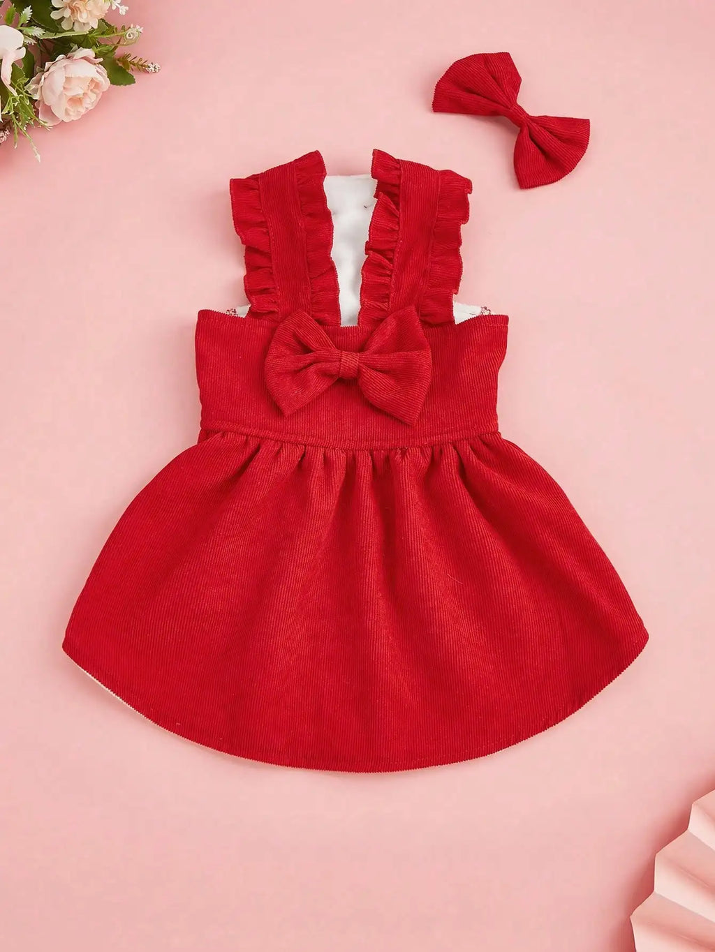 Red Corduroy Bowknot Dog Dress with Hair Clip for Small Breeds