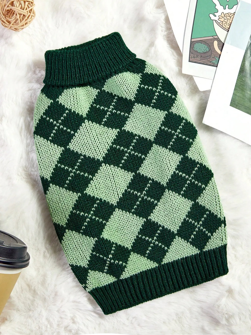 Green Argyle Knit Dog Sweater for Autumn Winter