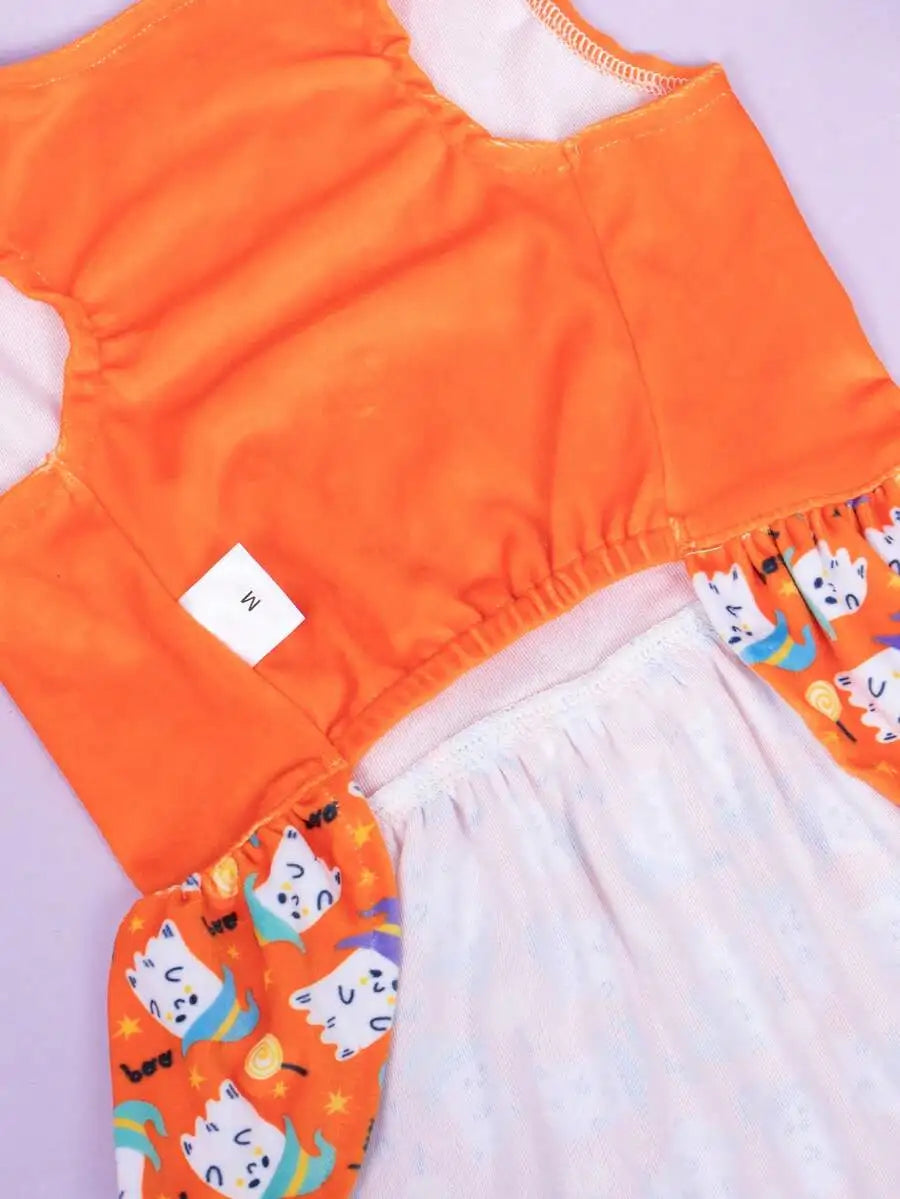 Orange Halloween Pet Dress with Ghost Print and Bow, for Small to Medium Dogs