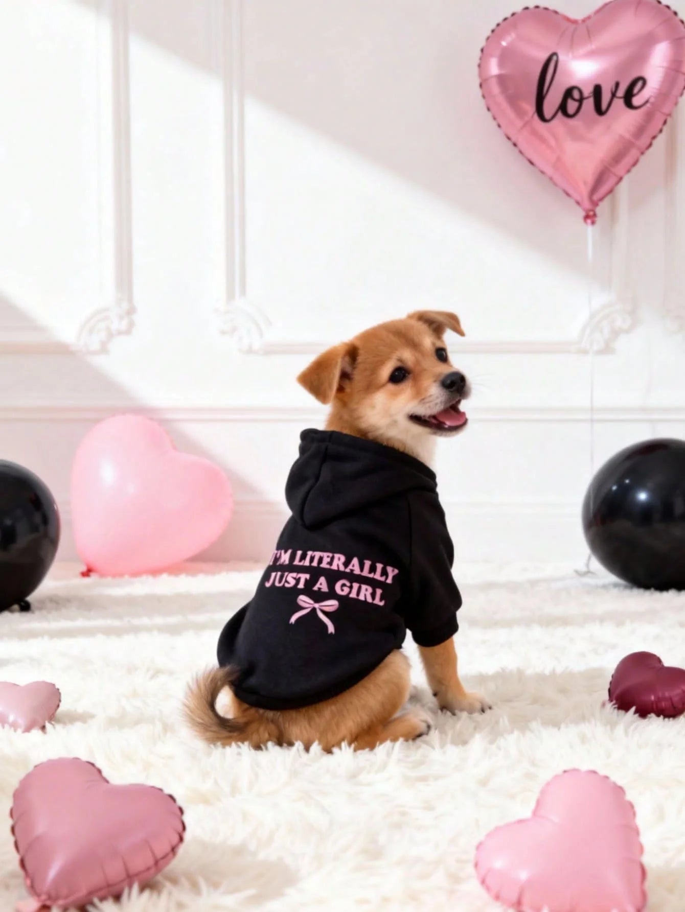 Black Hoodie with Pink Bow & Slogan Print for Small Dogs, Soft Polyester, Casual Indoor Outdoor Wear