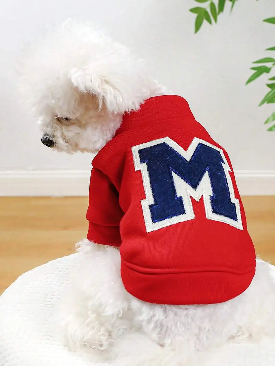 Red Pet Sweatshirt with Letter M, High Neck Short Sleeve
