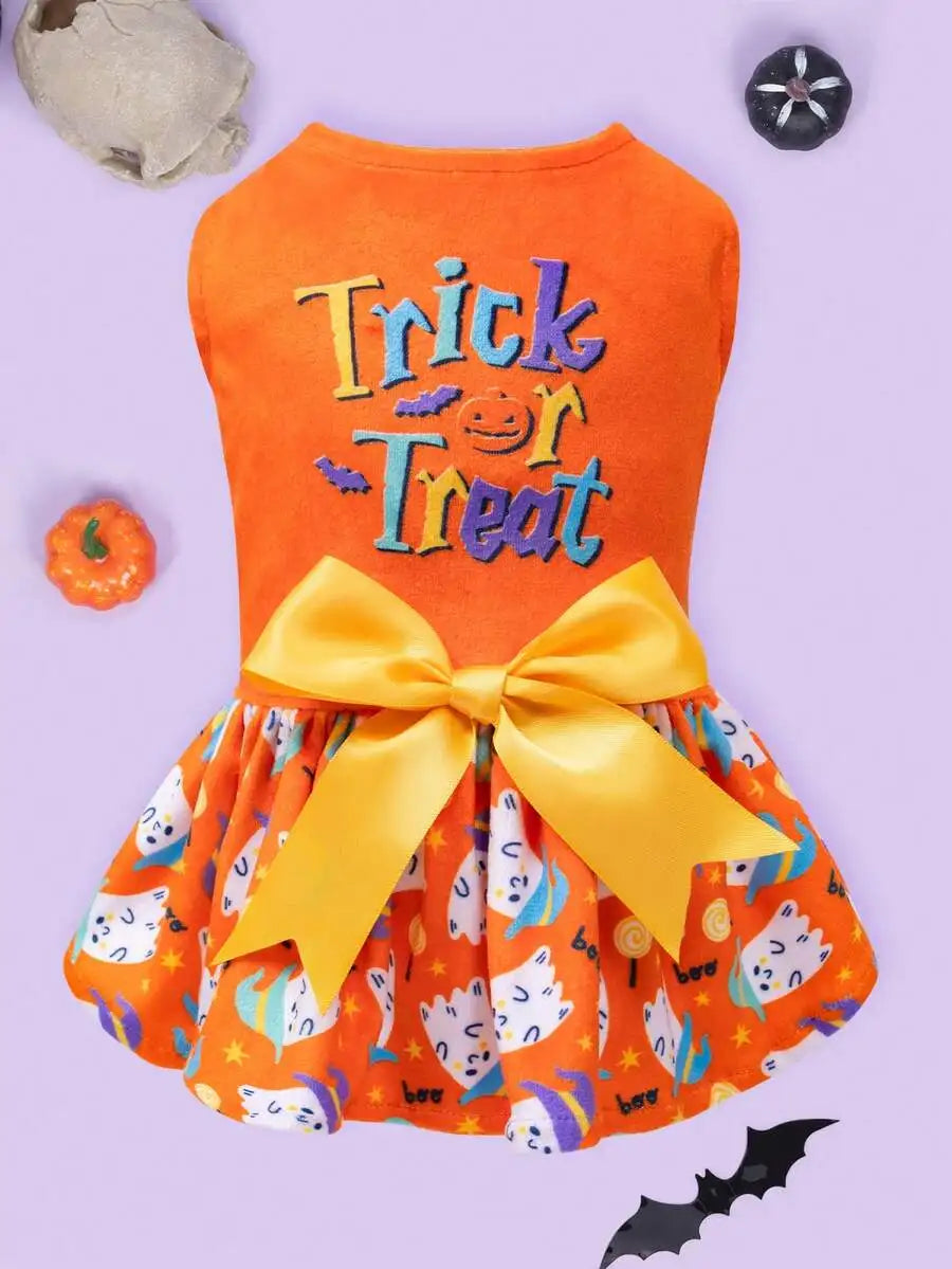 Orange Halloween Pet Dress with Ghost Print and Bow, for Small to Medium Dogs
