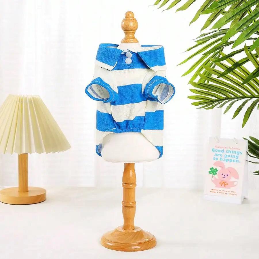 Blue  Cream Striped Polo Shirt for Small to Medium Dogs,