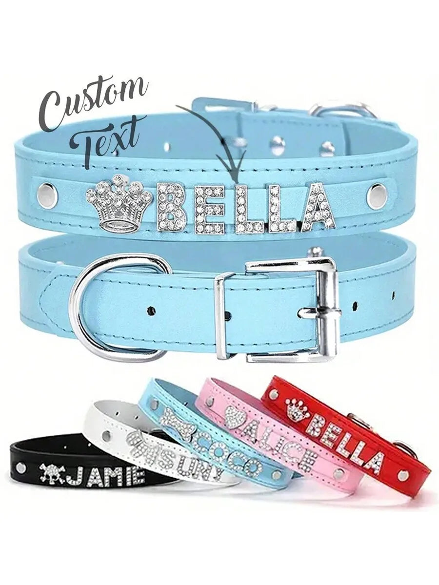 Leather Pet Collar with Rhinestone Name & Crown Charm,