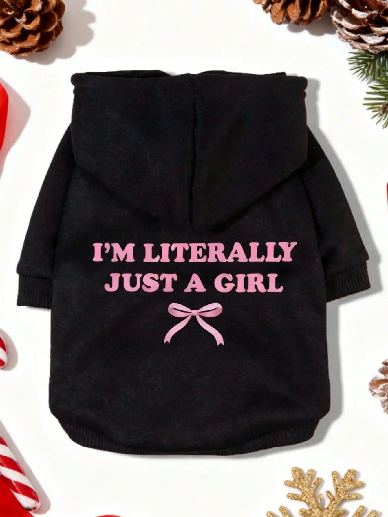 Black Hoodie with Pink Bow & Slogan Print for Small Dogs, Soft Polyester, Casual Indoor Outdoor Wear