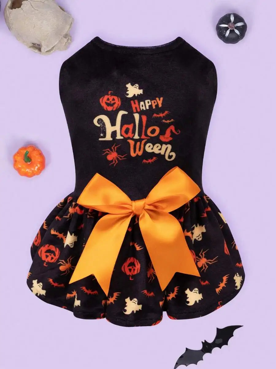 Orange Halloween Pet Dress with Ghost Print and Bow, for Small to Medium Dogs