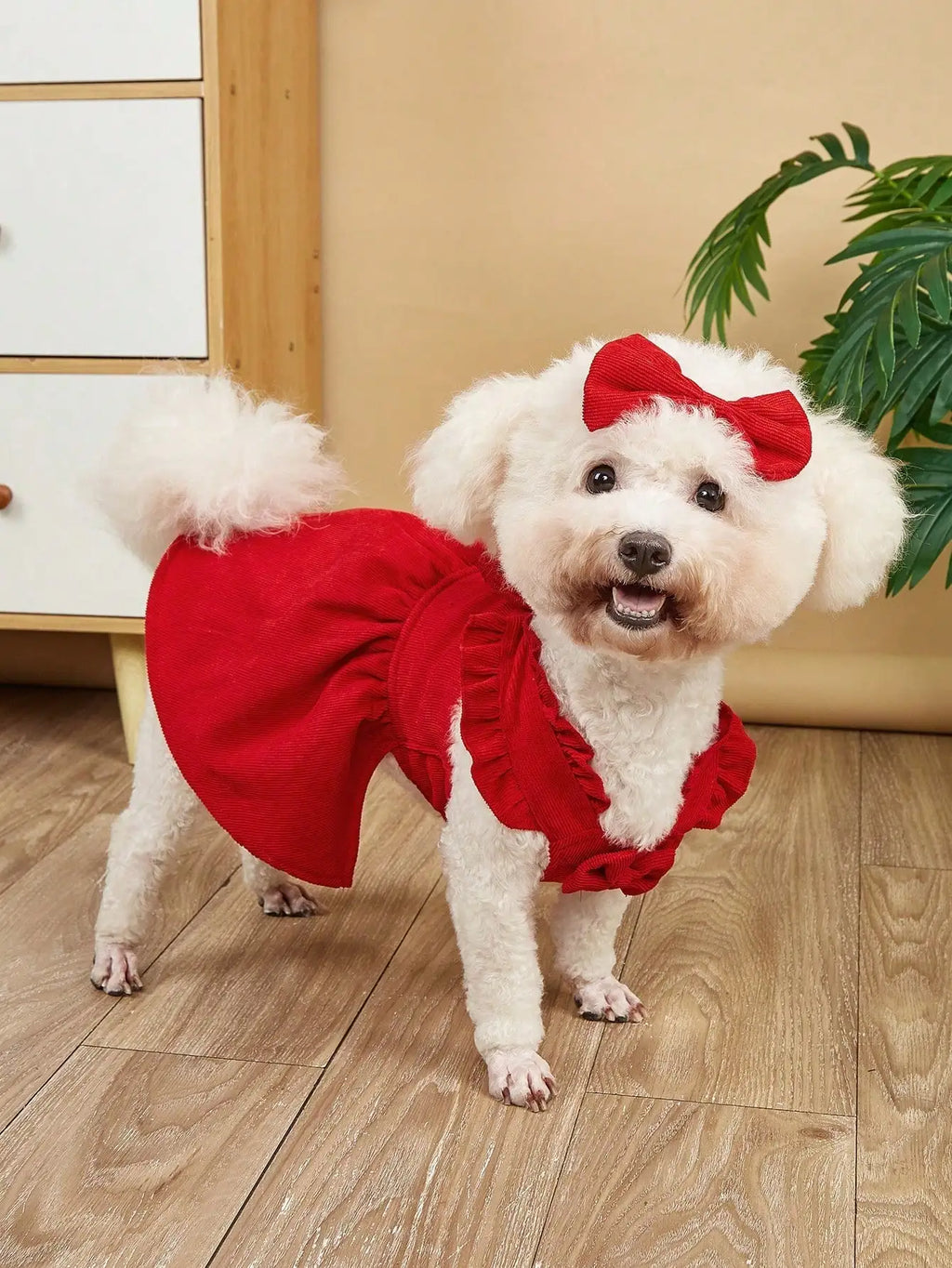 Red Corduroy Bowknot Dog Dress with Hair Clip for Small Breeds