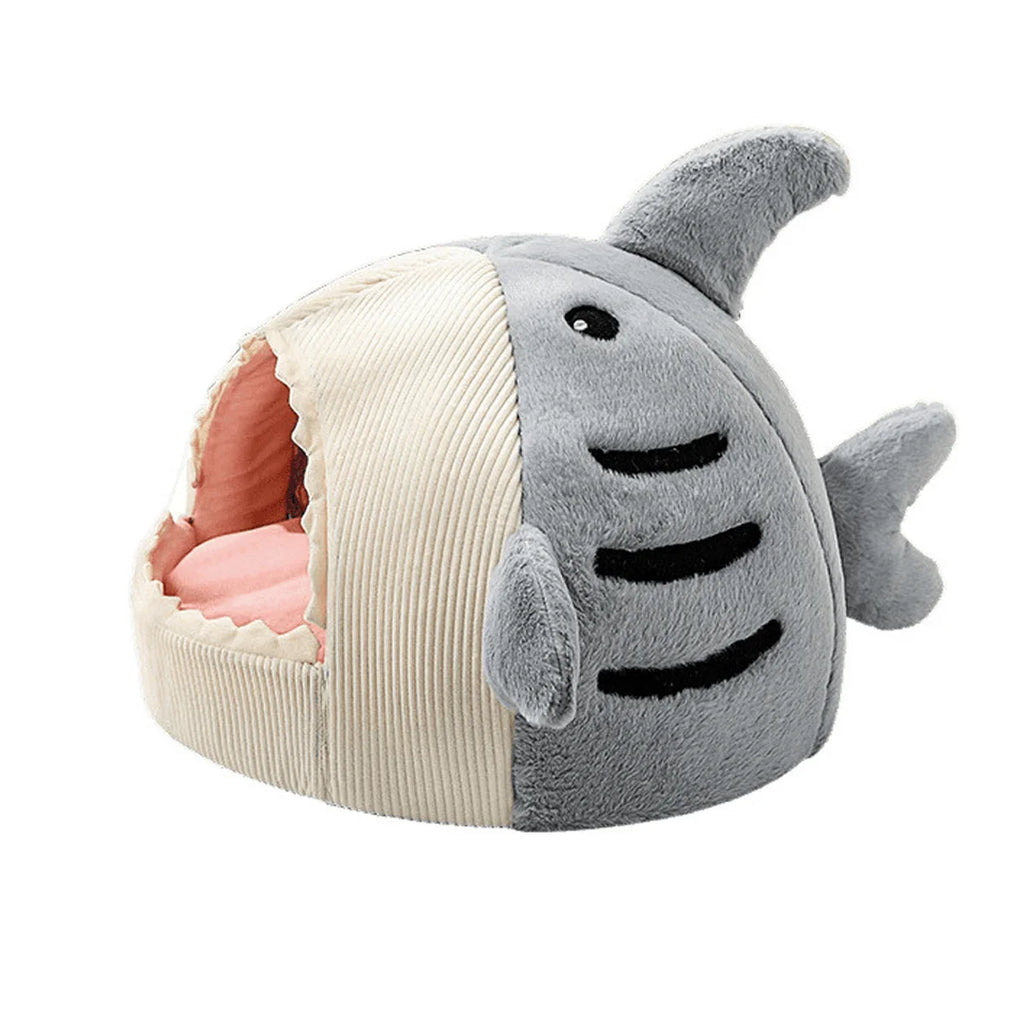 Corduroy & Plush Enclosed Pet Bed with Playful Marine Design