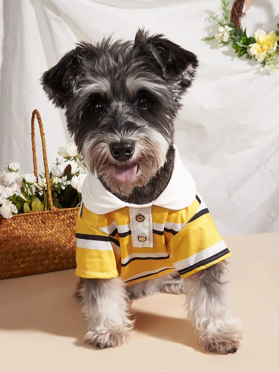 Yellow Striped Polo-Style Pet Shirt for Dogs and Cats, Casual Wear