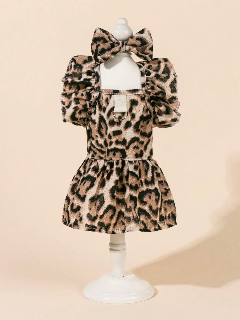 Leopard Print Puff Sleeve Dog Dress with Bow Tie and Harness Ring
