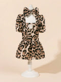 Leopard Print Puff Sleeve Dog Dress with Bow Tie and Harness Ring