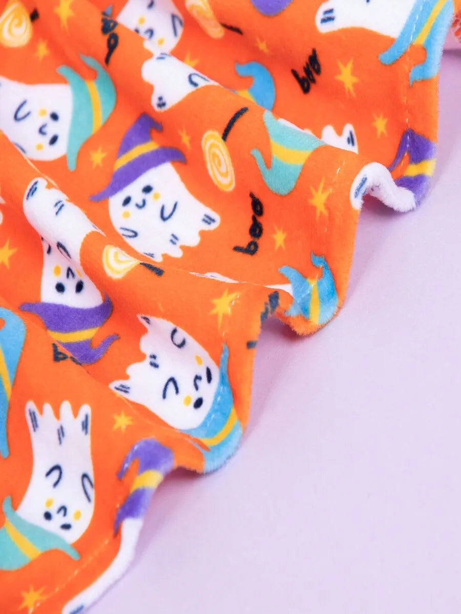 Orange Halloween Pet Dress with Ghost Print and Bow, for Small to Medium Dogs