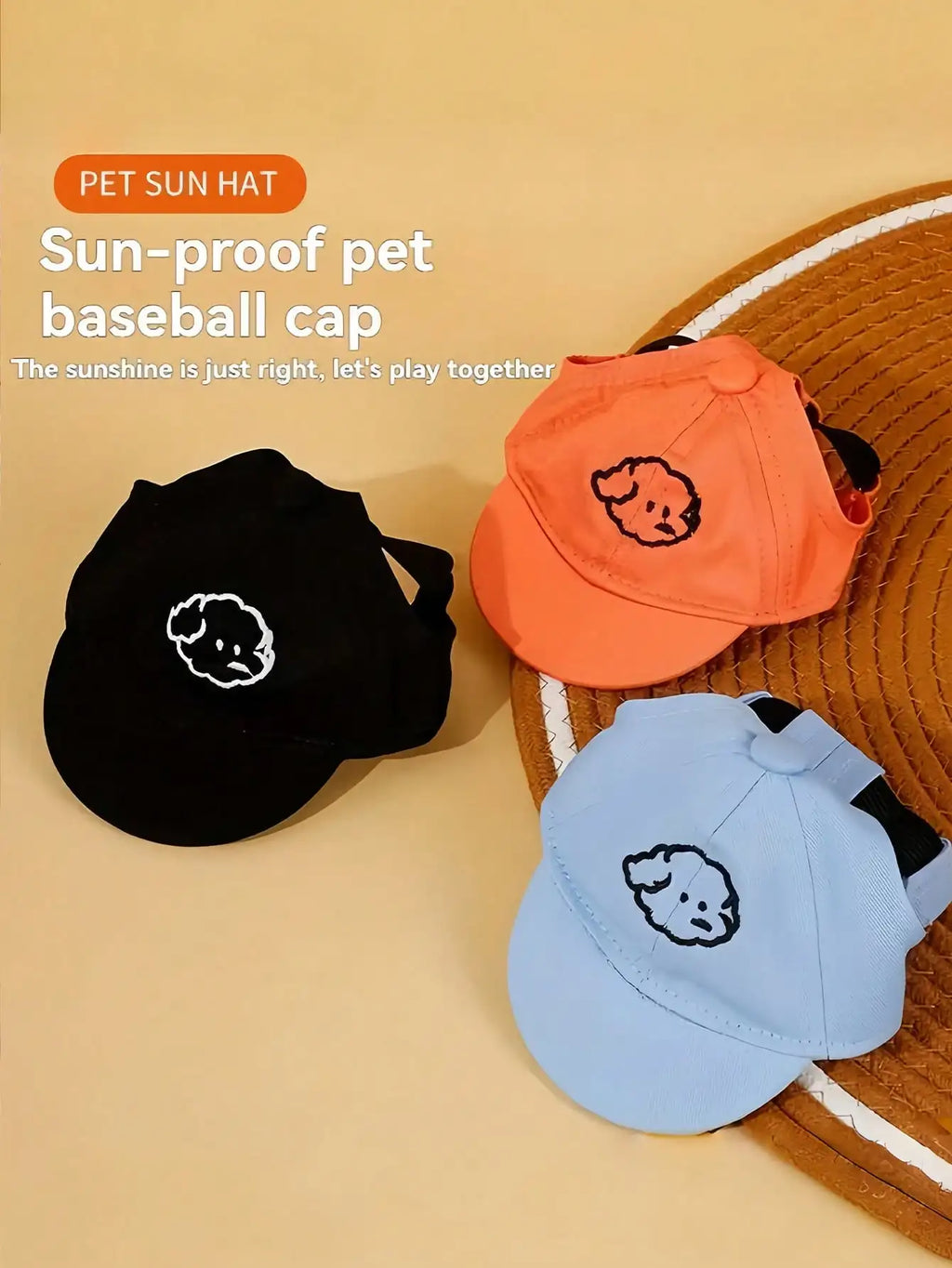 Adjustable Pet Baseball Cap with Embroidered Dog Face - Lightweight Sun Hat for Small Dogs & Cats