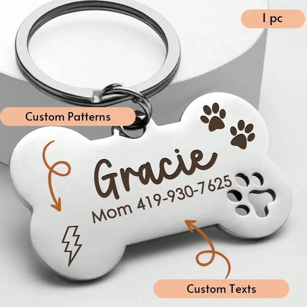 Custom Engraved Stainless Steel Bone-Shaped Pet ID Tag