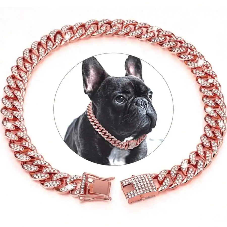 Rose Gold Cuban Chain Dog Collar with Rhinestone Accents
