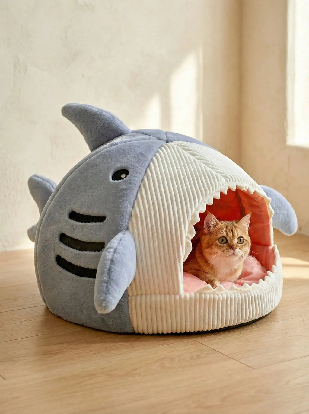 Corduroy & Plush Enclosed Pet Bed with Playful Marine Design