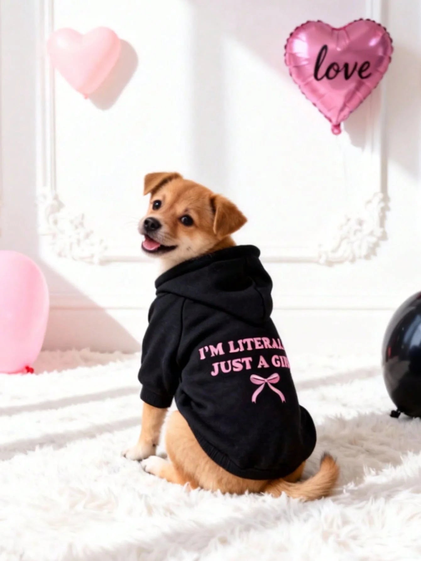 Black Hoodie with Pink Bow & Slogan Print for Small Dogs, Soft Polyester, Casual Indoor Outdoor Wear