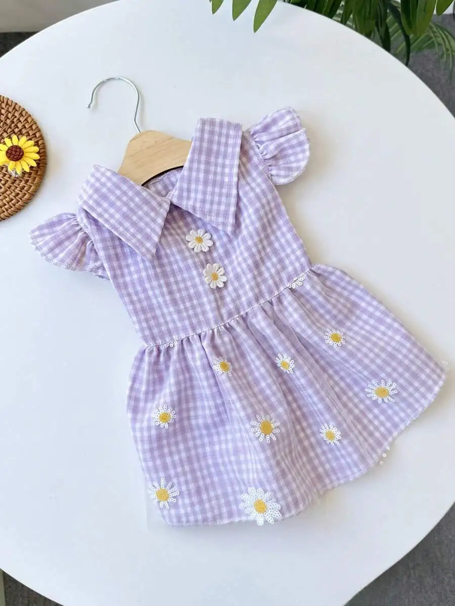 Yellow Gingham Dog Dress with Daisy Embroidery and Ruffled Sleeves