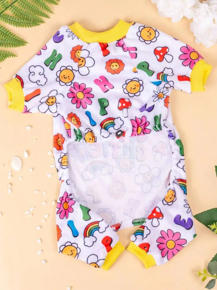Colorful Floral Print Pet Pajamas with Rainbow & Smiley Flowers,