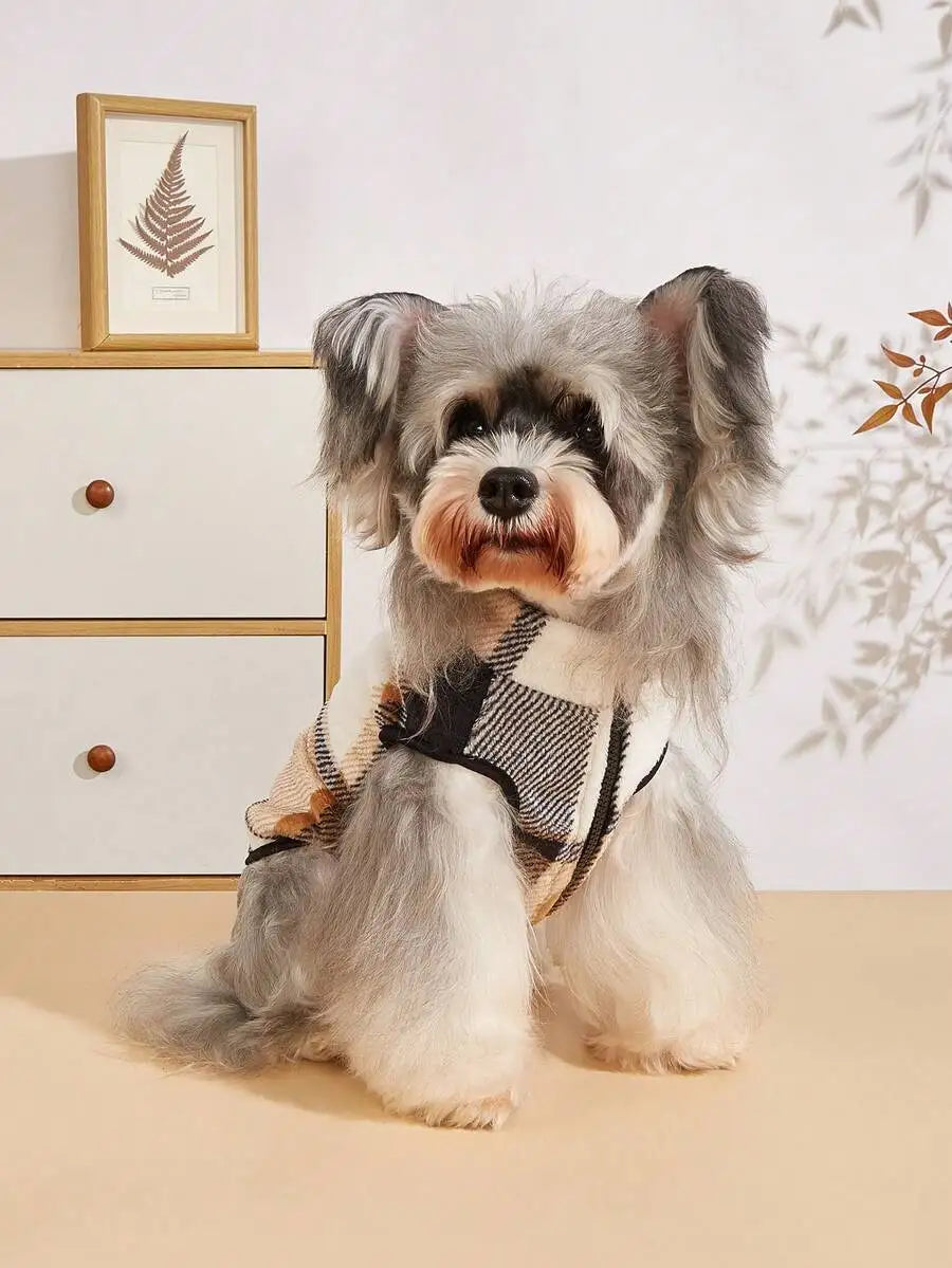 1pc Cream & Black Patchwork Plush Pet Vest for Dogs Cats,