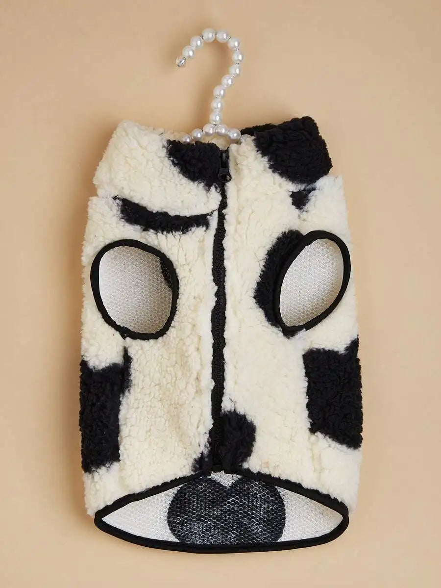 1pc Cream & Black Patchwork Plush Pet Vest for Dogs Cats,