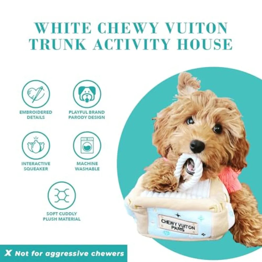 White Chewy Vuiton Trunk Activity House Plush Designer Dog Toys