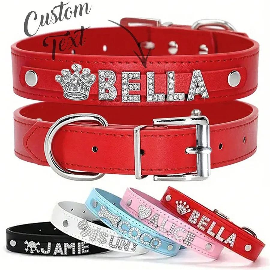 Leather Pet Collar with Rhinestone Name & Crown Charm,