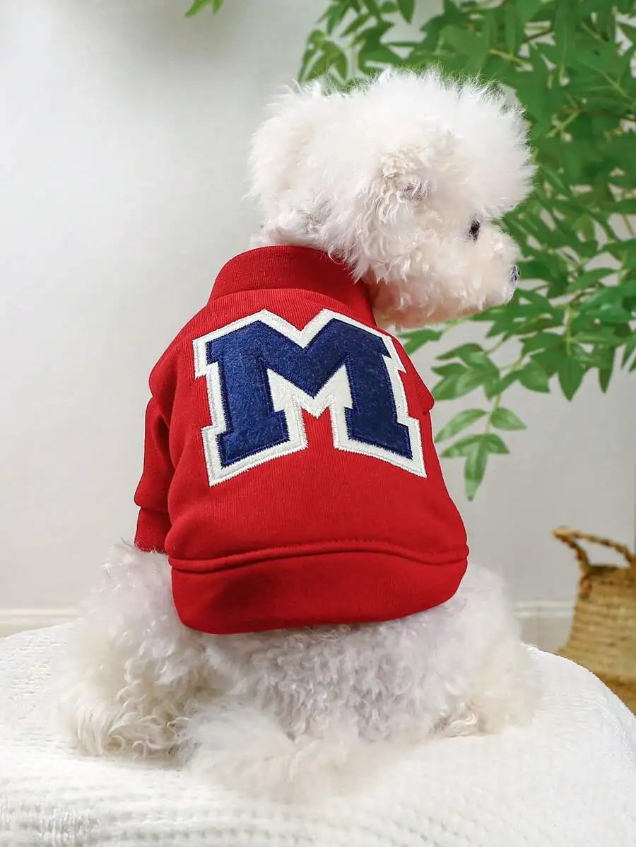 Red Pet Sweatshirt with Letter M, High Neck Short Sleeve