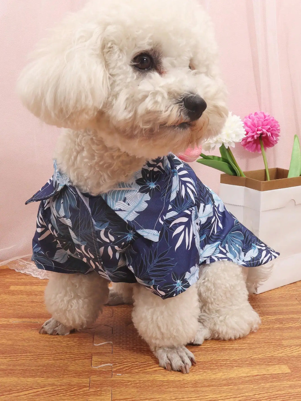 Navy Blue Tropical Leaf Print Pet Shirt, for Dogs & Cats