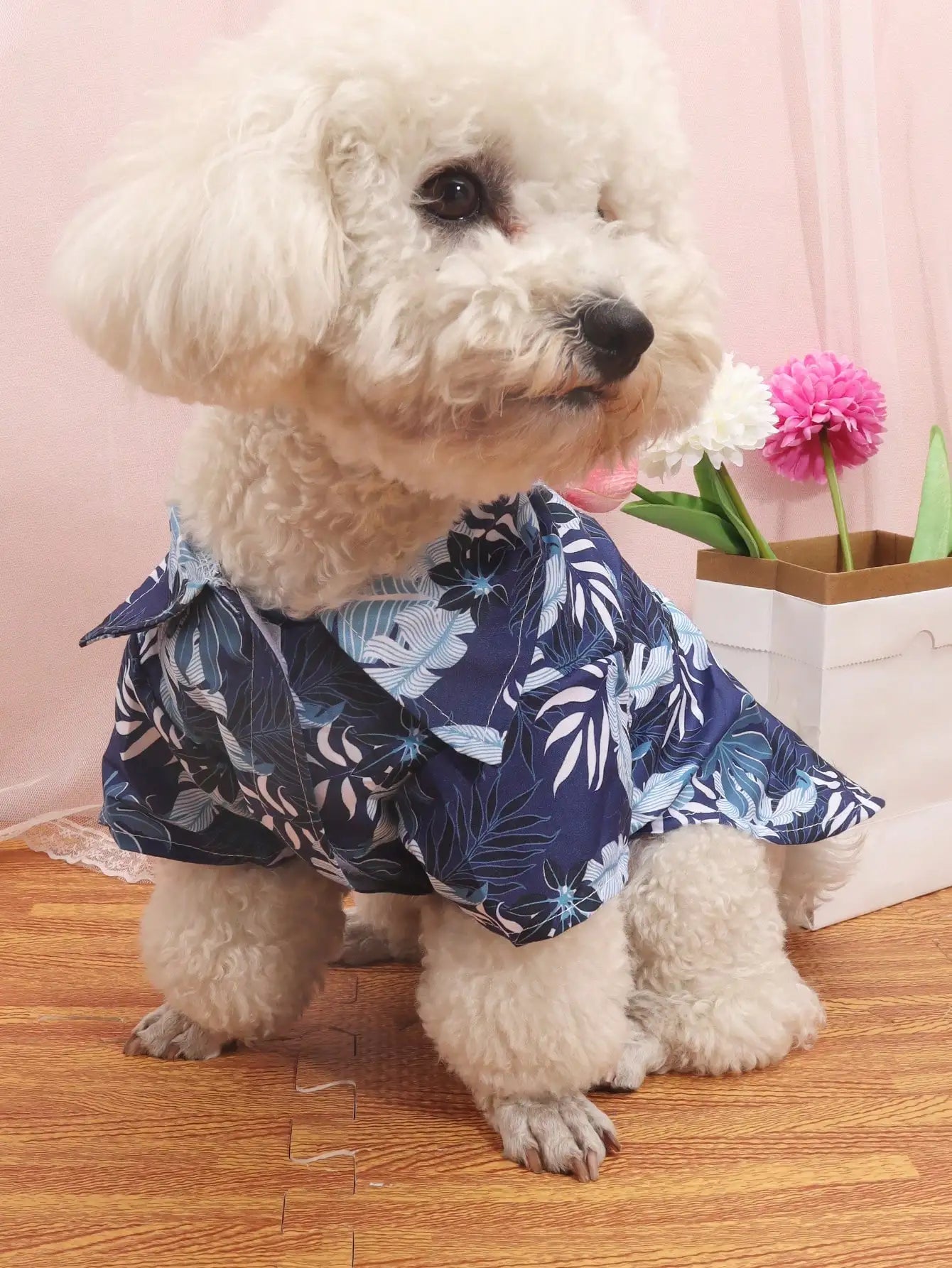 Navy Blue Tropical Leaf Print Pet Shirt, for Dogs & Cats