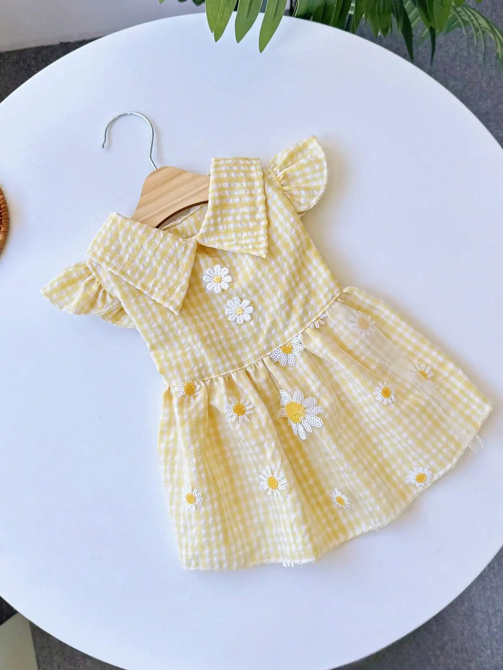 Yellow Gingham Dog Dress with Daisy Embroidery and Ruffled Sleeves