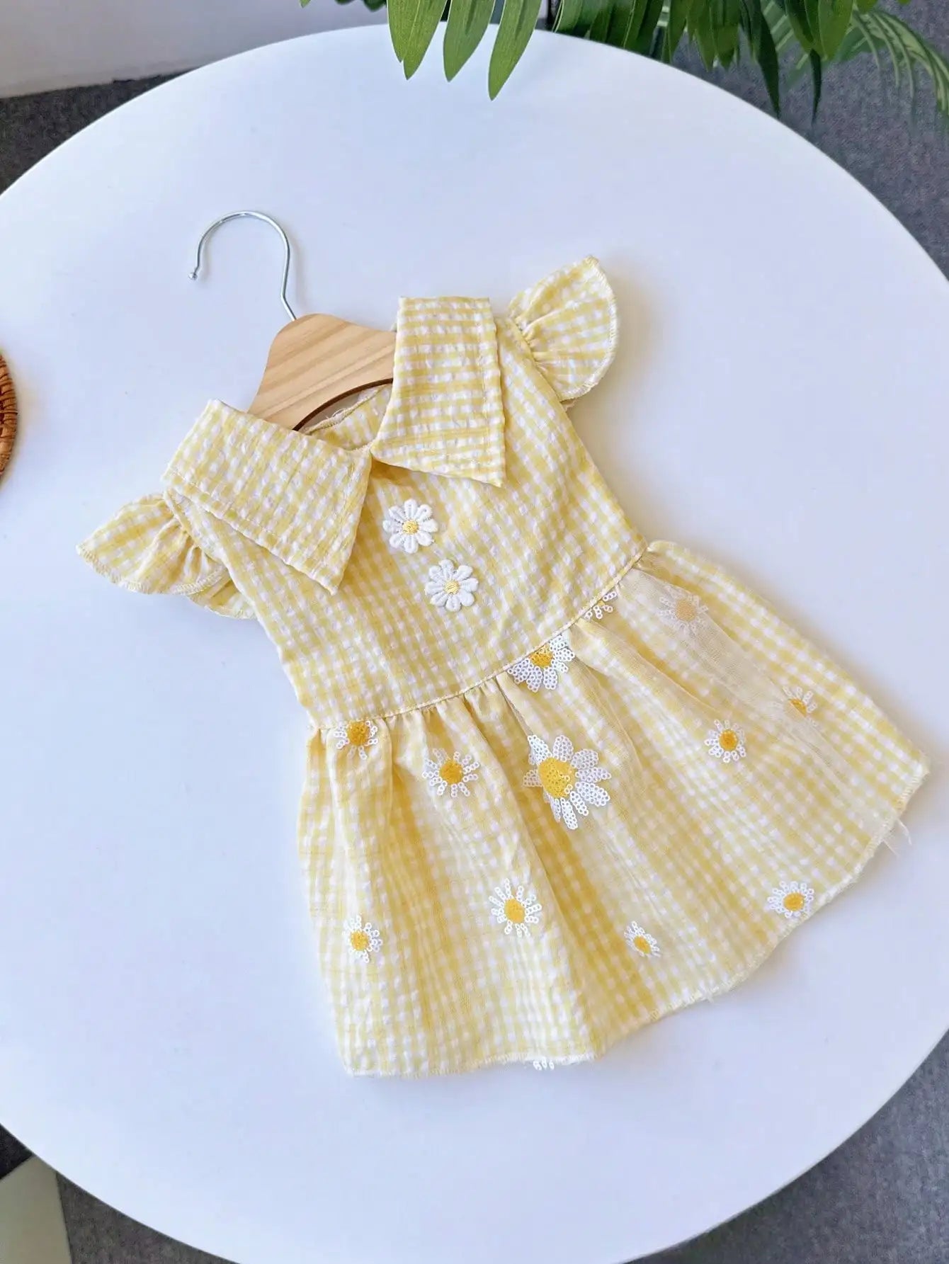 Yellow Gingham Dog Dress with Daisy Embroidery and Ruffled Sleeves