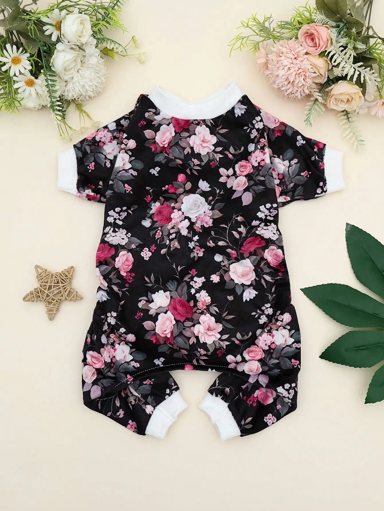 Colorful Floral Print Pet Pajamas with Rainbow & Smiley Flowers,