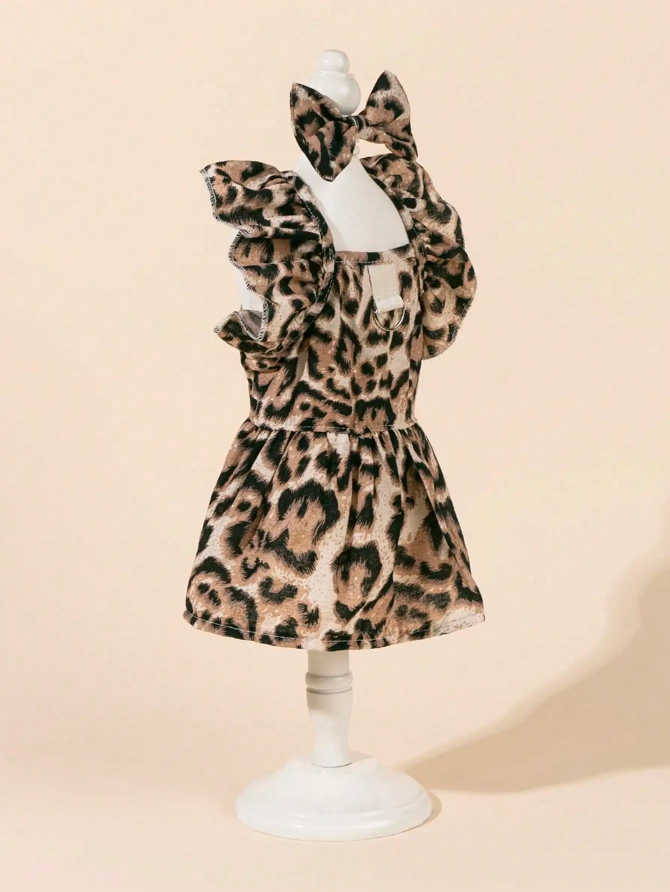 Leopard Print Puff Sleeve Dog Dress with Bow Tie and Harness Ring