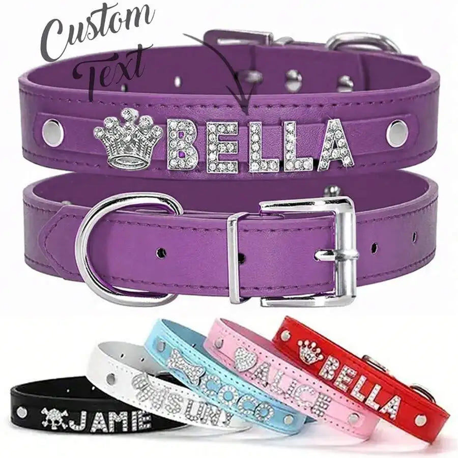 Leather Pet Collar with Rhinestone Name & Crown Charm,