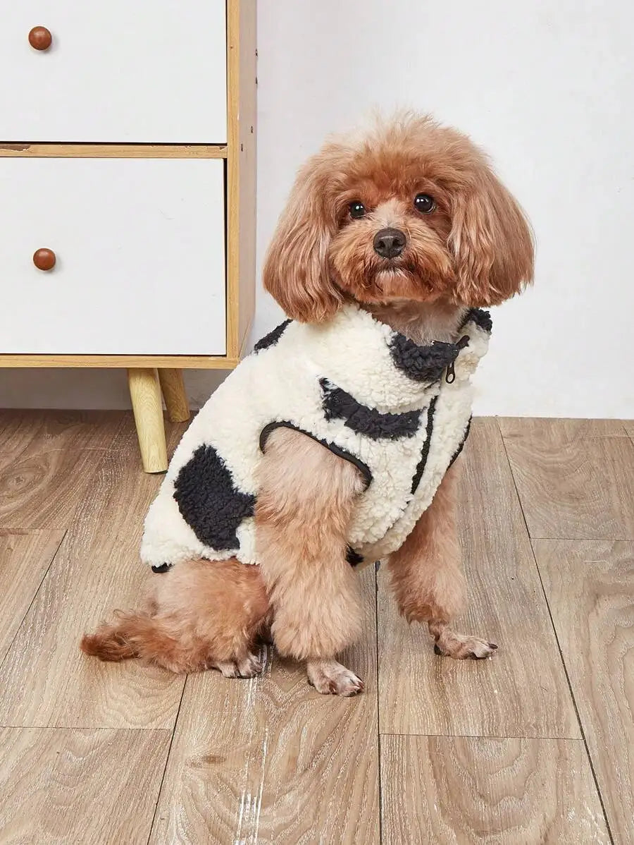 1pc Cream & Black Patchwork Plush Pet Vest for Dogs Cats,