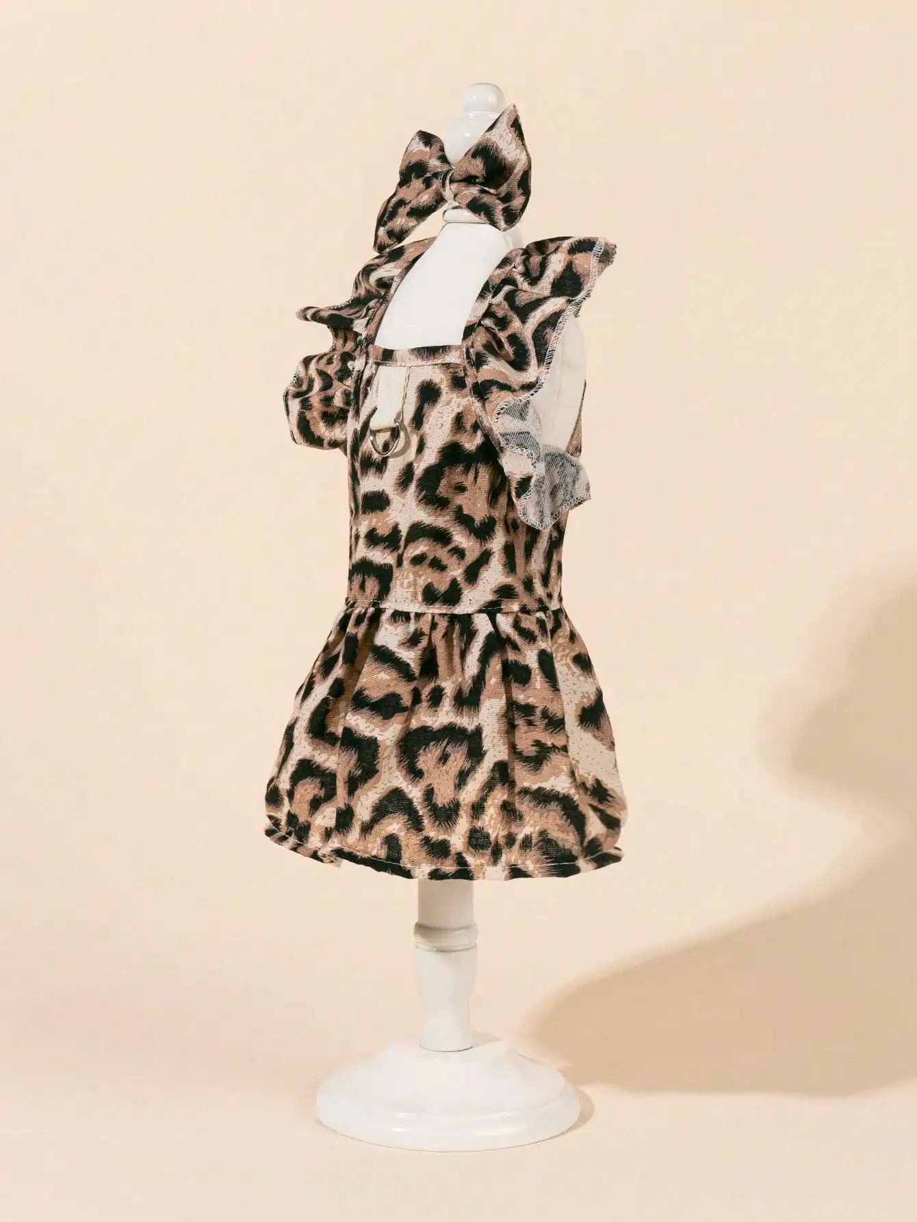 Leopard Print Puff Sleeve Dog Dress with Bow Tie and Harness Ring