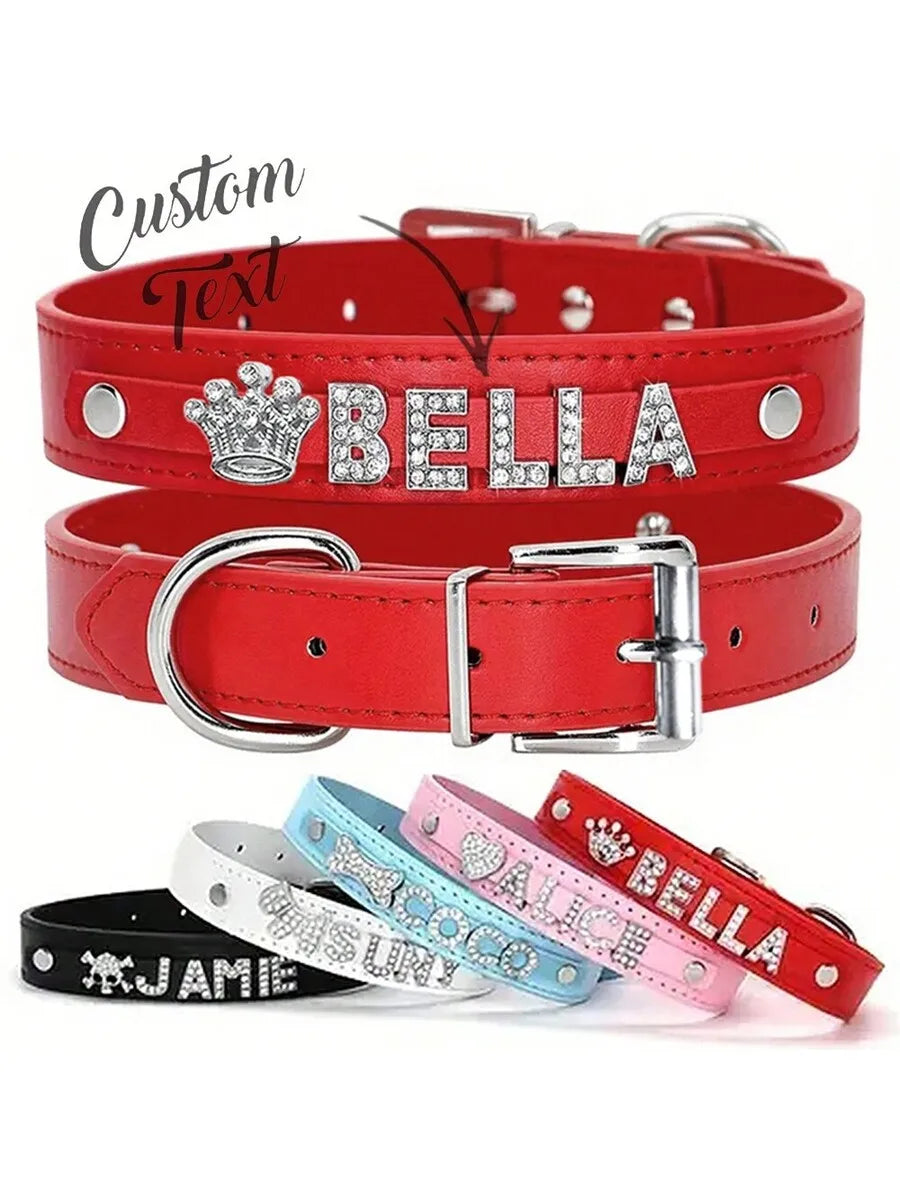 Leather Pet Collar with Rhinestone Name & Crown Charm,