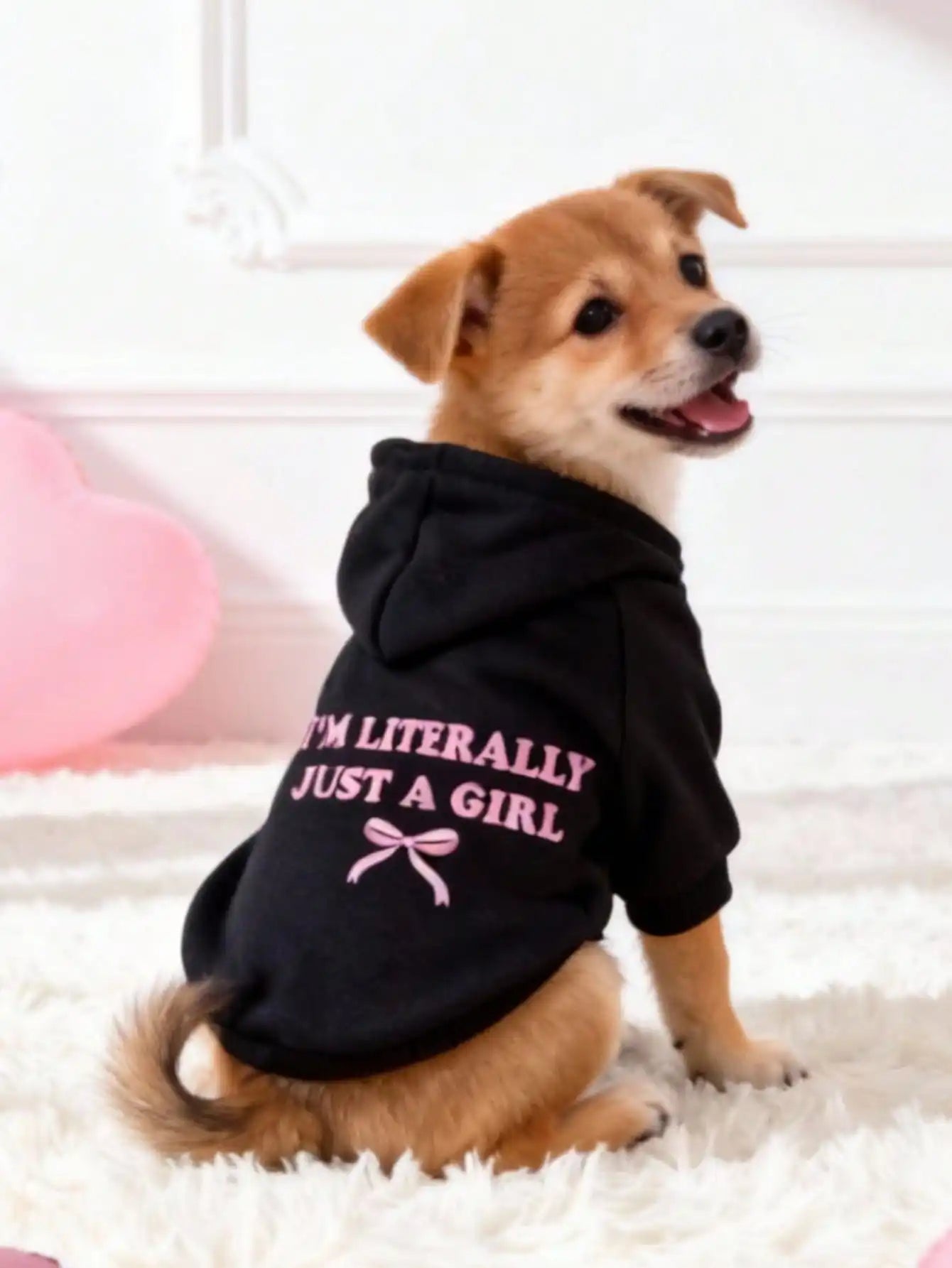 Black Hoodie with Pink Bow & Slogan Print for Small Dogs, Soft Polyester, Casual Indoor Outdoor Wear