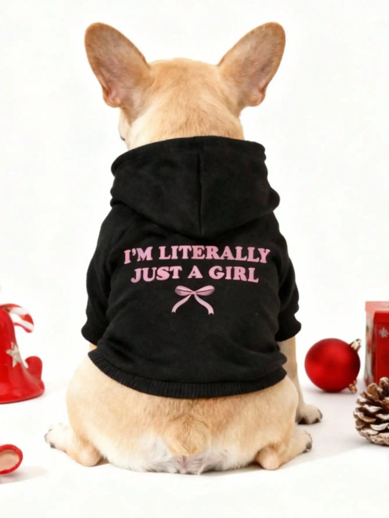 Black Hoodie with Pink Bow & Slogan Print for Small Dogs, Soft Polyester, Casual Indoor Outdoor Wear