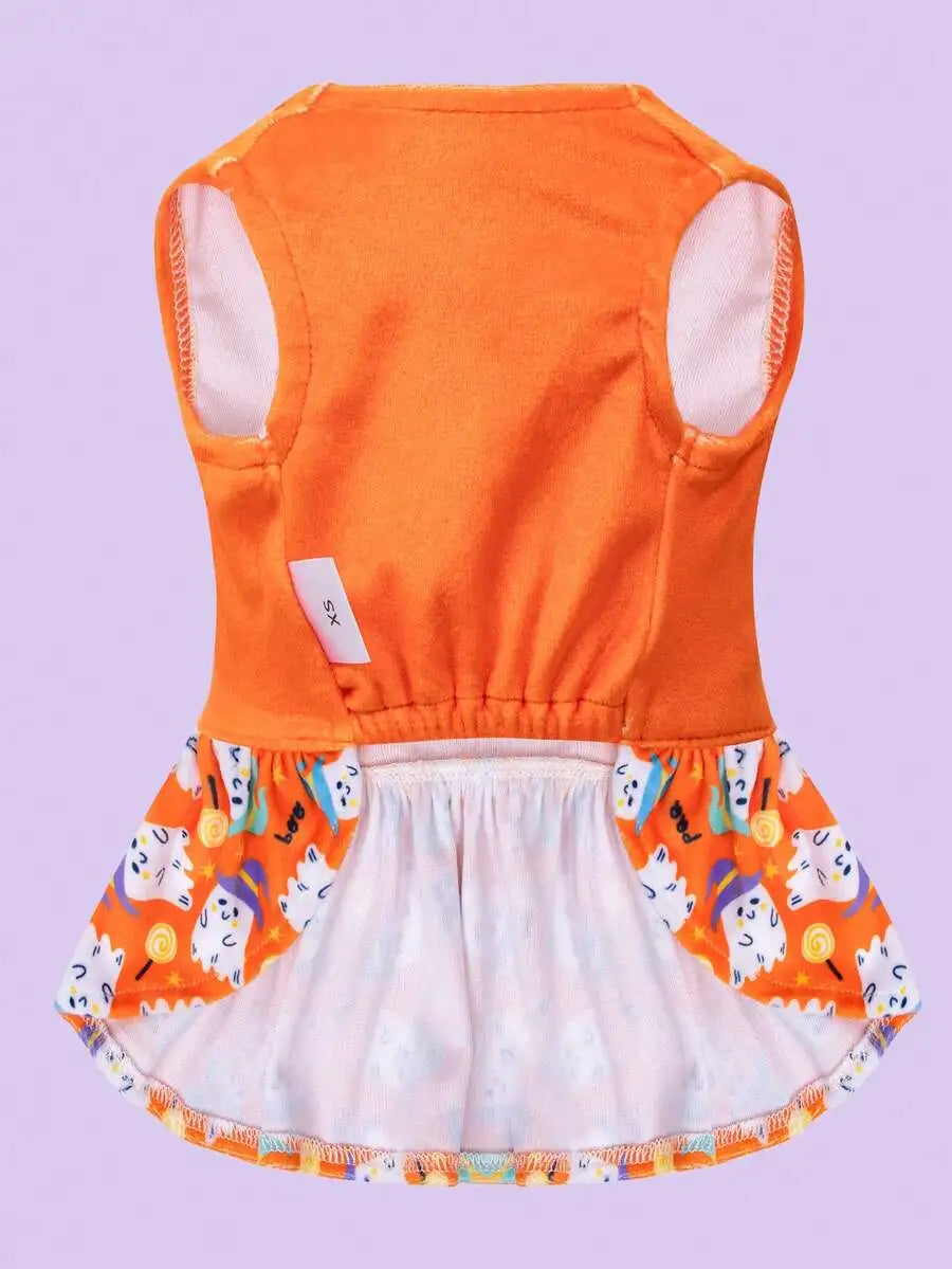 Orange Halloween Pet Dress with Ghost Print and Bow, for Small to Medium Dogs