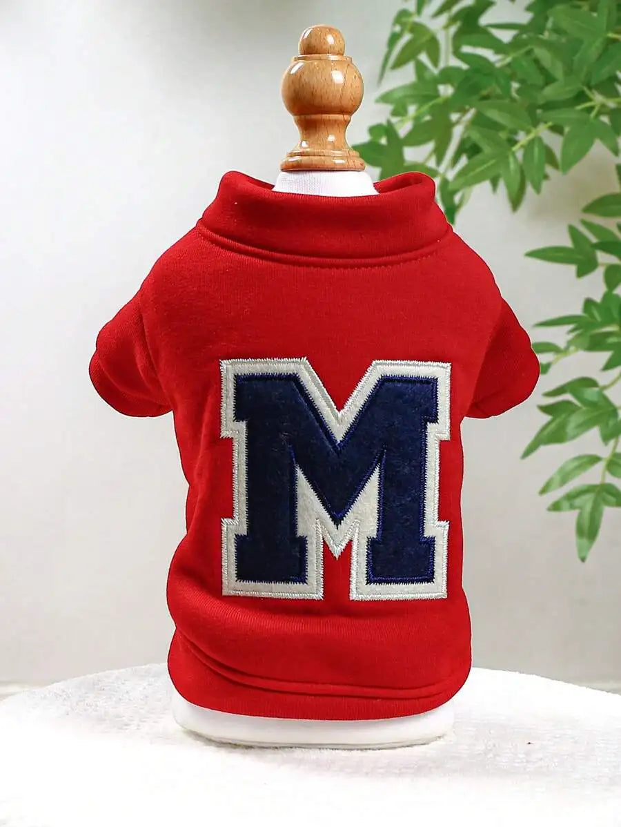 Red Pet Sweatshirt with Letter M, High Neck Short Sleeve